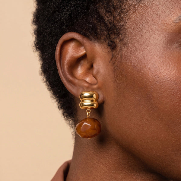 Amber Bead Drop Huggie Earrings