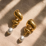 Load image into Gallery viewer, Gold Swirl Pearl Drop Earrings
