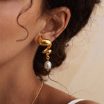 Load image into Gallery viewer, Gold Swirl Pearl Drop Earrings
