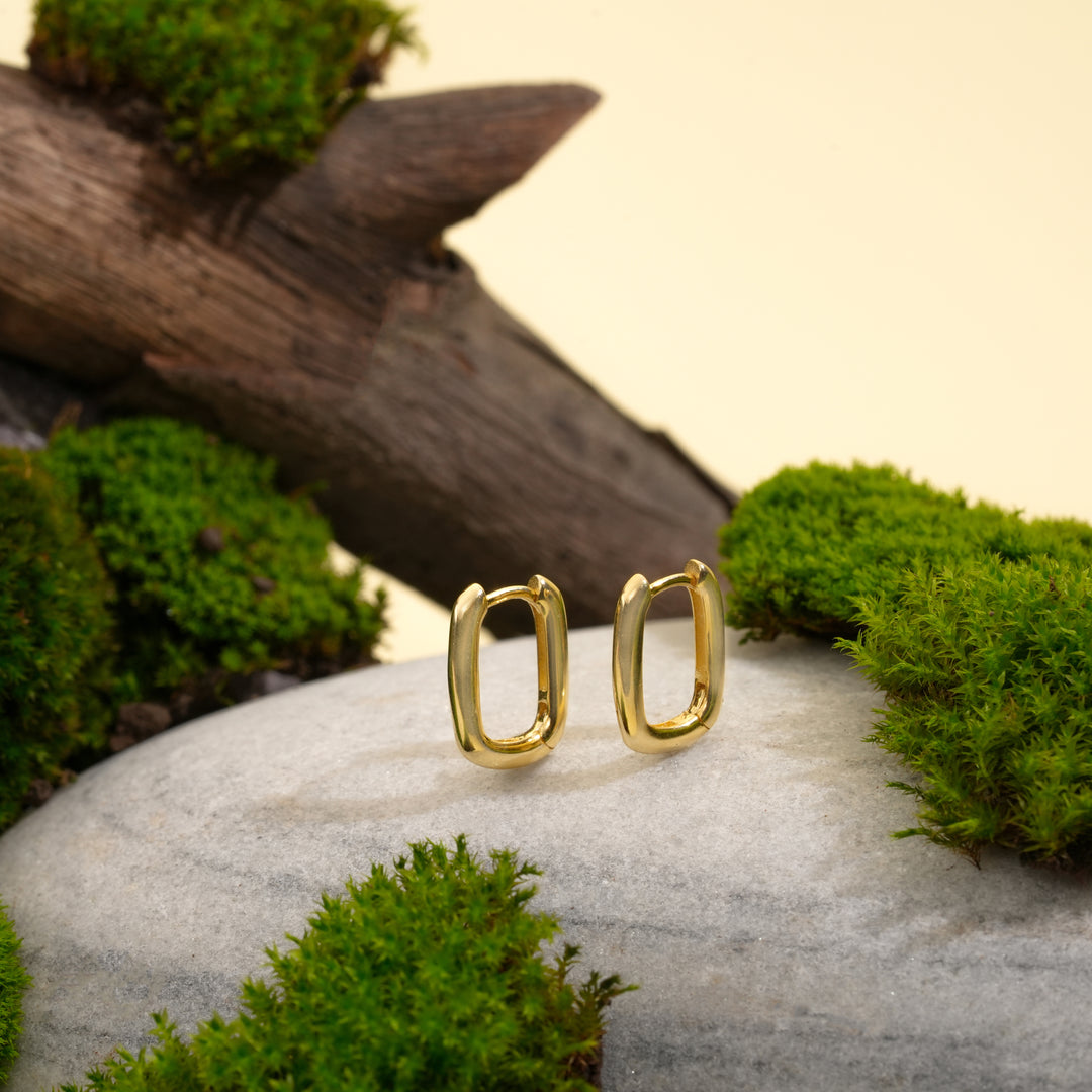 Gold hoop earrings on a stone surface with green moss and wood in the background
