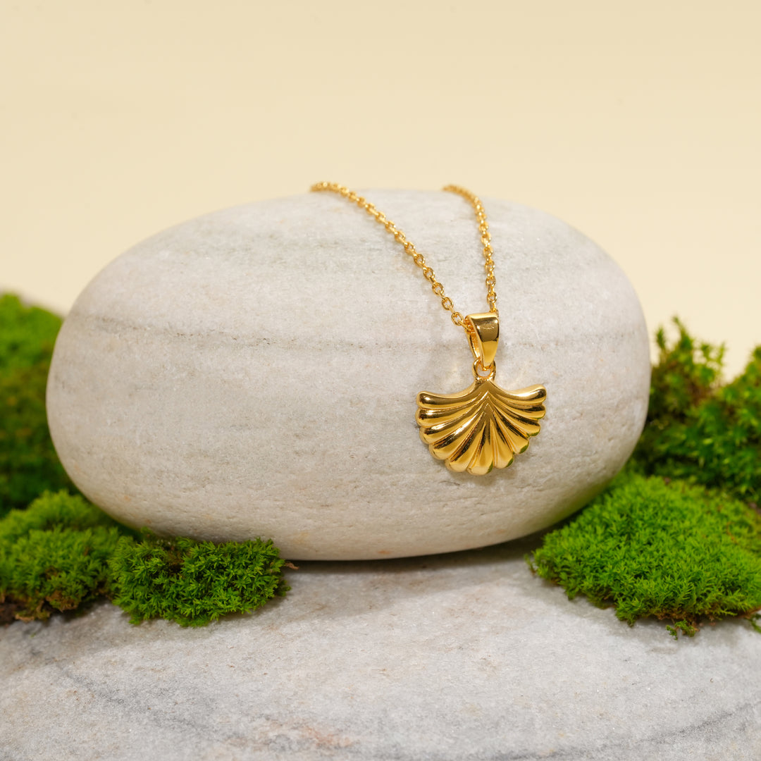 An elegant gold seashell necklace from Zewory Jewellery, displayed in a serene natural setting. The delicate scallop shell pendant is draped over a smooth, light-grey stone and surrounded by fresh green moss.