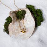 Load image into Gallery viewer, A luxurious product shot of a gold crystal cannabis leaf necklace from Zewory Jewellery. This trendy and sparkling pot leaf pendant is artistically arranged inside a large seashell on a bed of white sand and moss.
