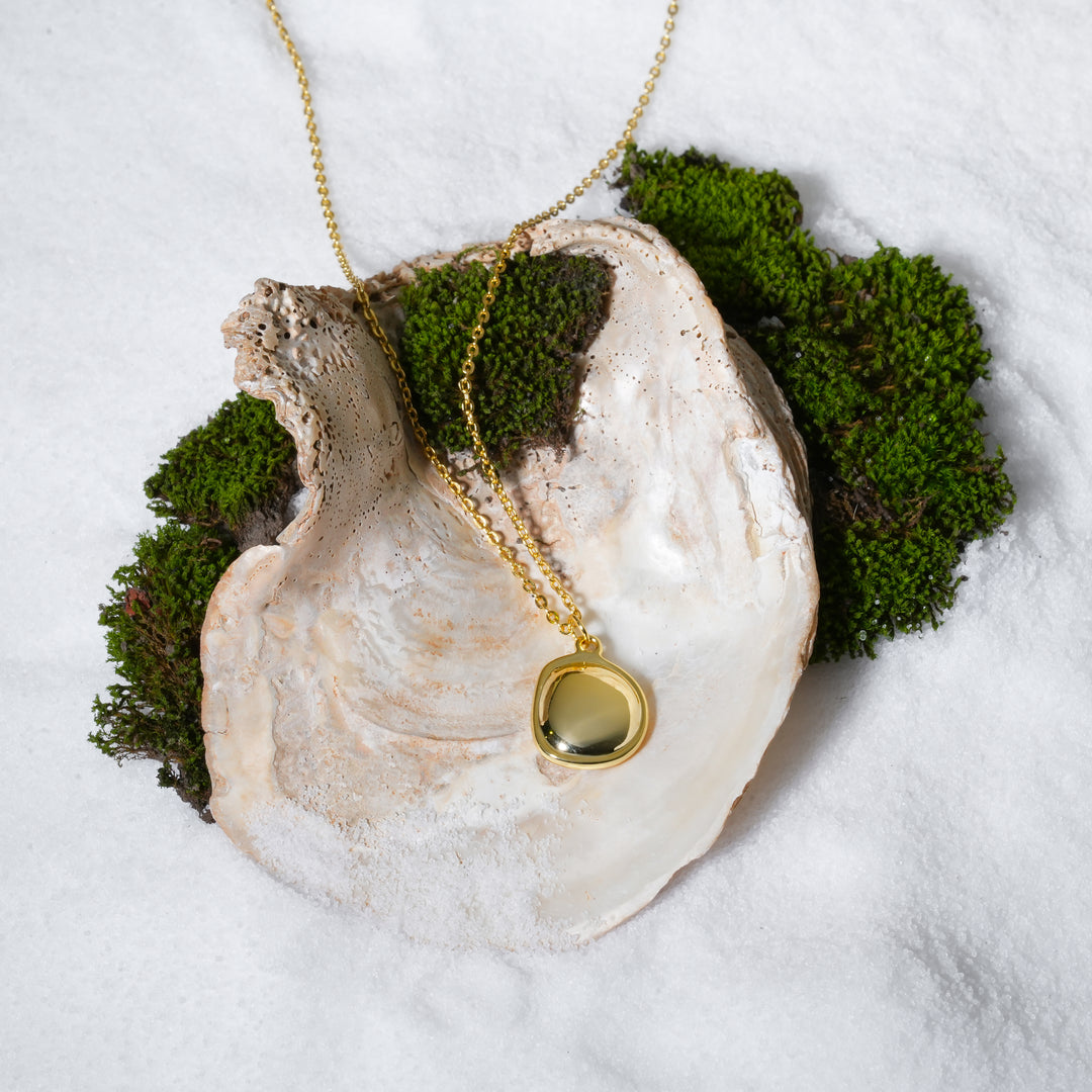 A luxurious product shot of a gold necklace featuring an organic, pebble-shaped stone pendant. This beautiful piece of minimalist jewellery from Zewory is artistically arranged inside a large seashell on a bed of white sand and moss.
