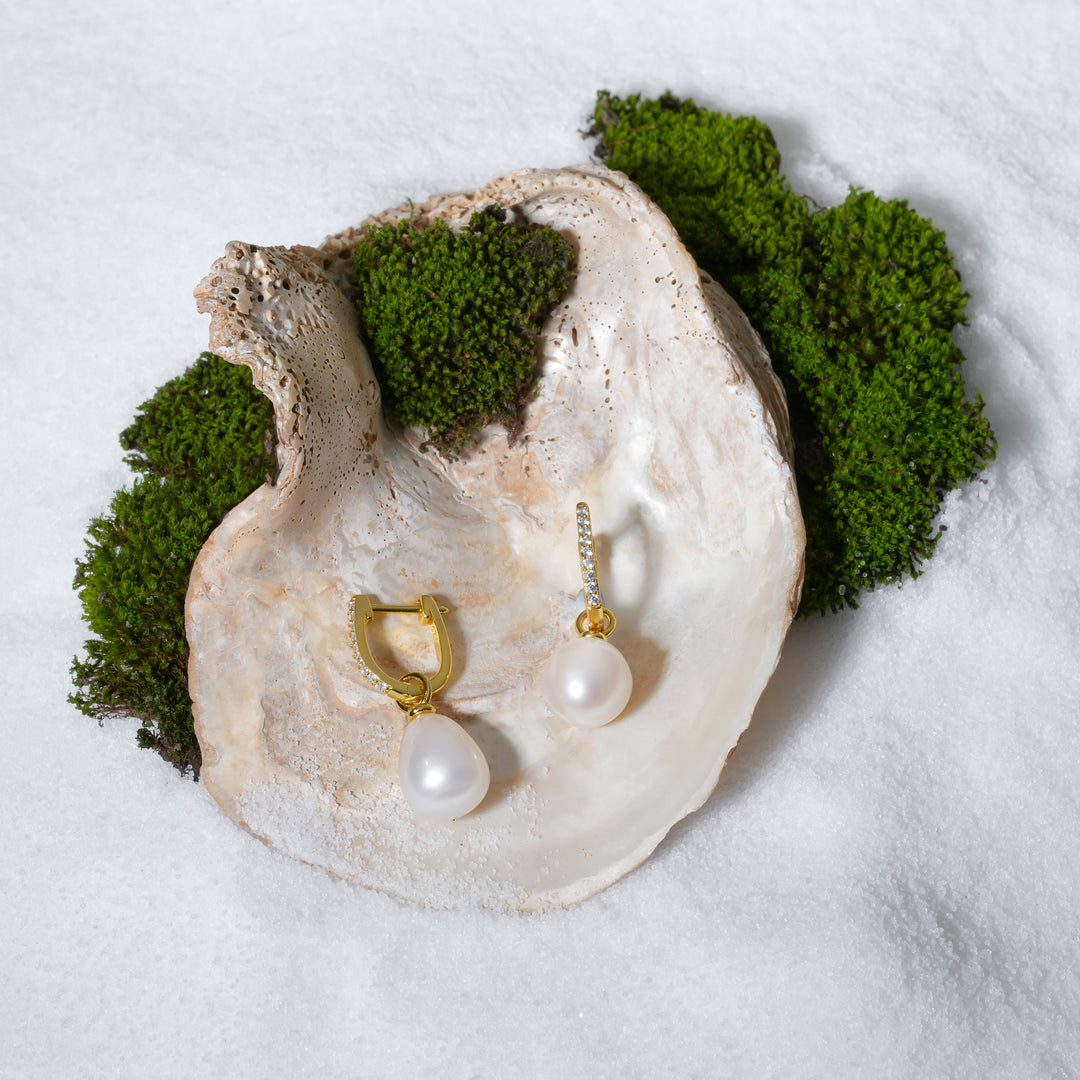 Pearl earrings on a shell with moss on a white background