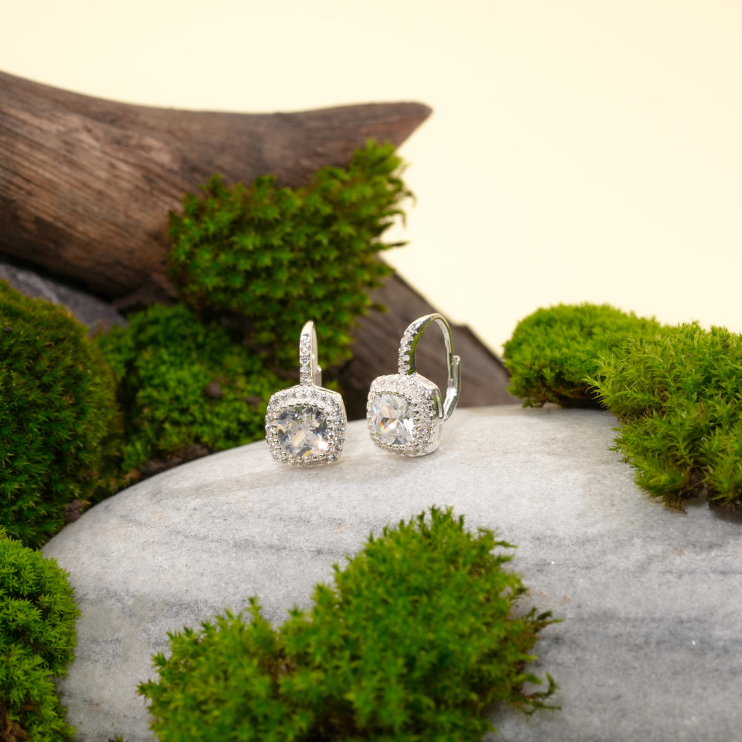 Silver earrings with clear stones on a stone surface with greenery