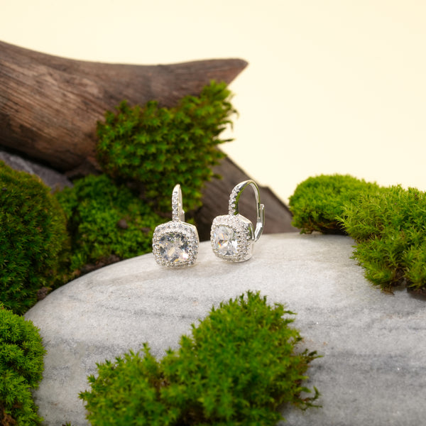 Silver earrings with clear stones on a stone surface with greenery