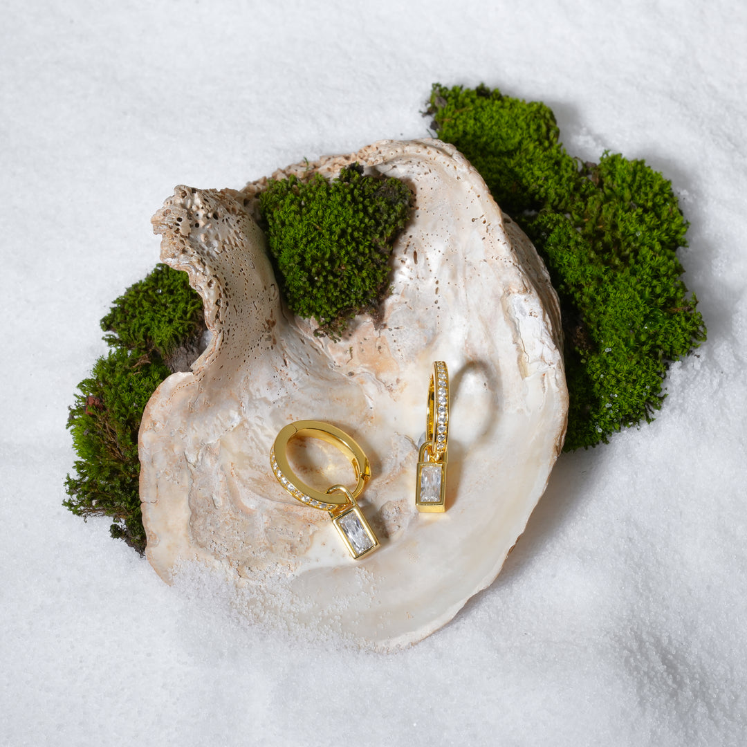 Two gold earrings on a white shell with green moss against a white background