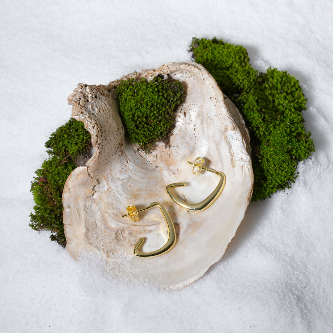 A creative product shot of modern C-shaped gold hoop earrings. The pair is elegantly displayed inside a large seashell, set against a background of soft white sand and vibrant green moss for a luxurious, nature-inspired feel.
