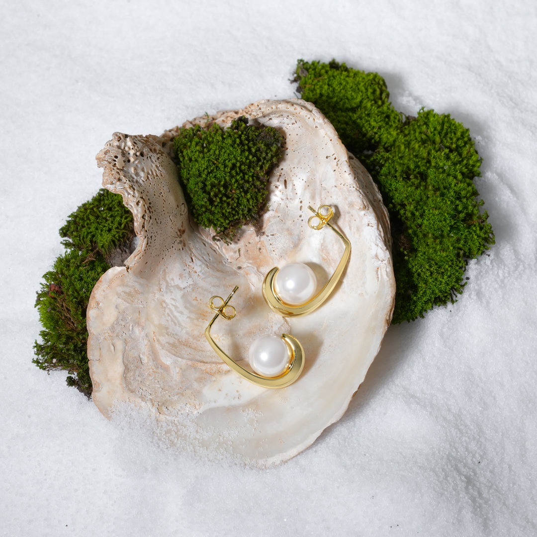 An artistic product shot of modern gold and pearl J-hook earrings from Zewory Jewellery. The pair of contemporary, open-hoop studs are elegantly displayed inside a large seashell on a bed of white sand and moss.