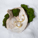 Load image into Gallery viewer, An artistic product shot of modern gold and pearl J-hook earrings from Zewory Jewellery. The pair of contemporary, open-hoop studs are elegantly displayed inside a large seashell on a bed of white sand and moss.
