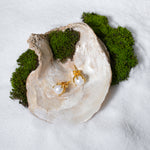 Load image into Gallery viewer, Pair of pearl earrings with gold accents on a white shell surrounded by green moss.
