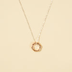 Load image into Gallery viewer, A clean, minimalist product shot of a two-tone necklace on a neutral cream background. The image clearly displays the delicate silver chain and the modern, organic-shaped rose gold open circle pendant.
