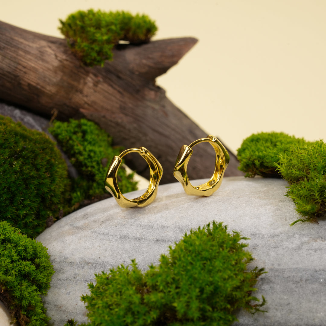 A pair of modern, wavy gold huggie hoop earrings from Zewory Jewellery. The unique, sculptural design is showcased in a natural setting on a grey stone, surrounded by vibrant green moss and weathered wood.